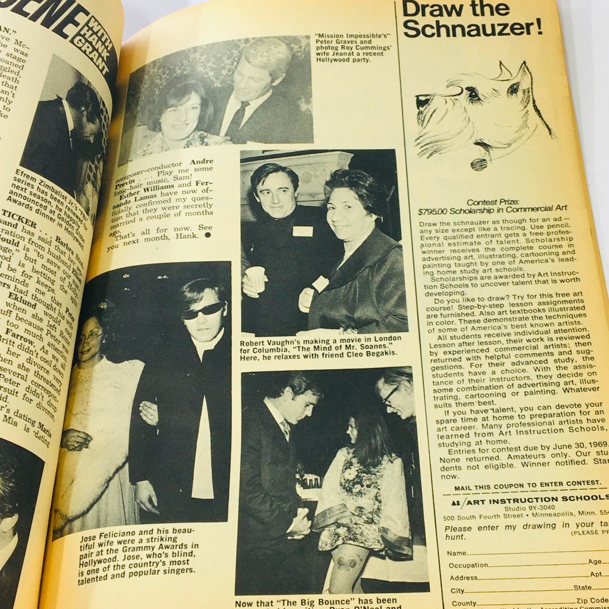 VTG Movie Mirror Magazine June 1969 image with José Feliciano at a Hollywood party, featuring candid snapshots alongside Robert Vaughn.