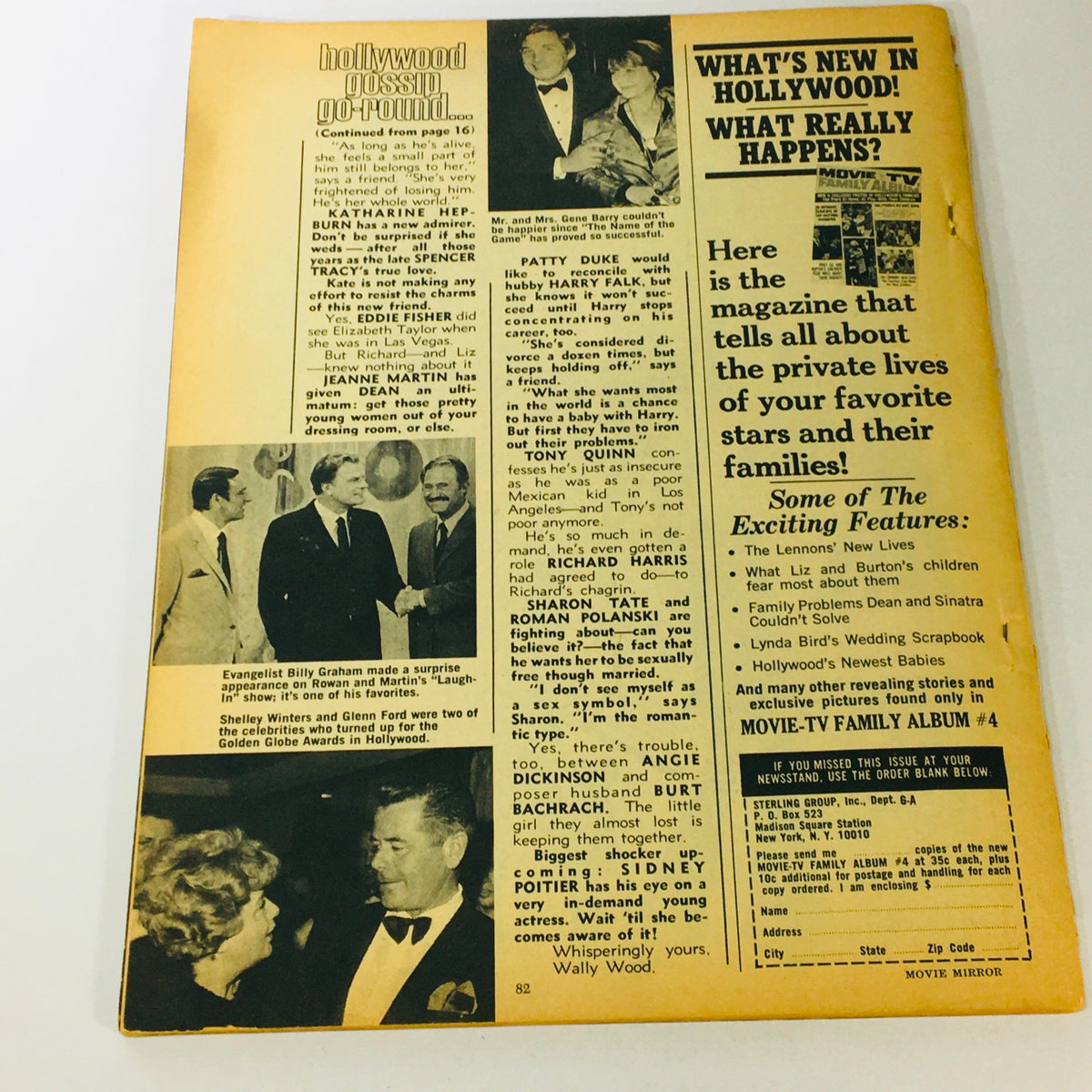 Back cover of the VTG Movie Mirror Magazine June 1969 featuring Hollywood gossip column and images of celebrities including Gene Barry and Patty Duke.