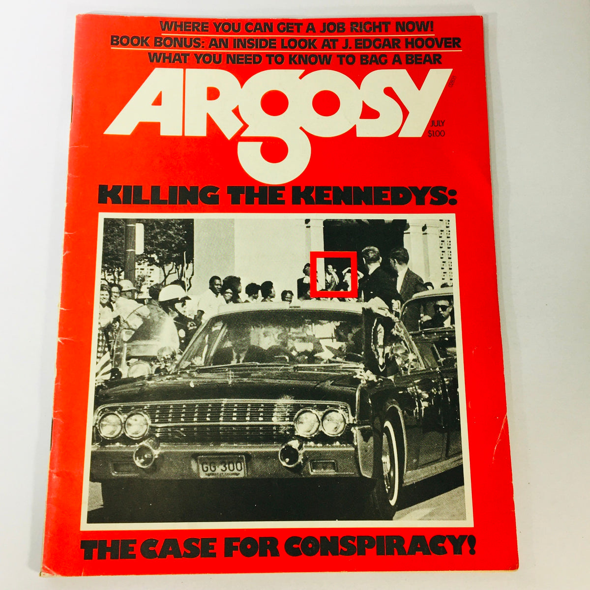Cover of the July 1975 Argosy Magazine featuring the article 'Killing The Kennedys: The Case for Conspiracy', showcasing a historic image related to the Kennedy assassinations.