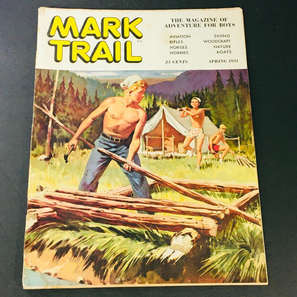 Cover of VTG Mark Trail Magazine Spring 1951 featuring boys engaged in outdoor activities, showcasing adventure themes for young readers.