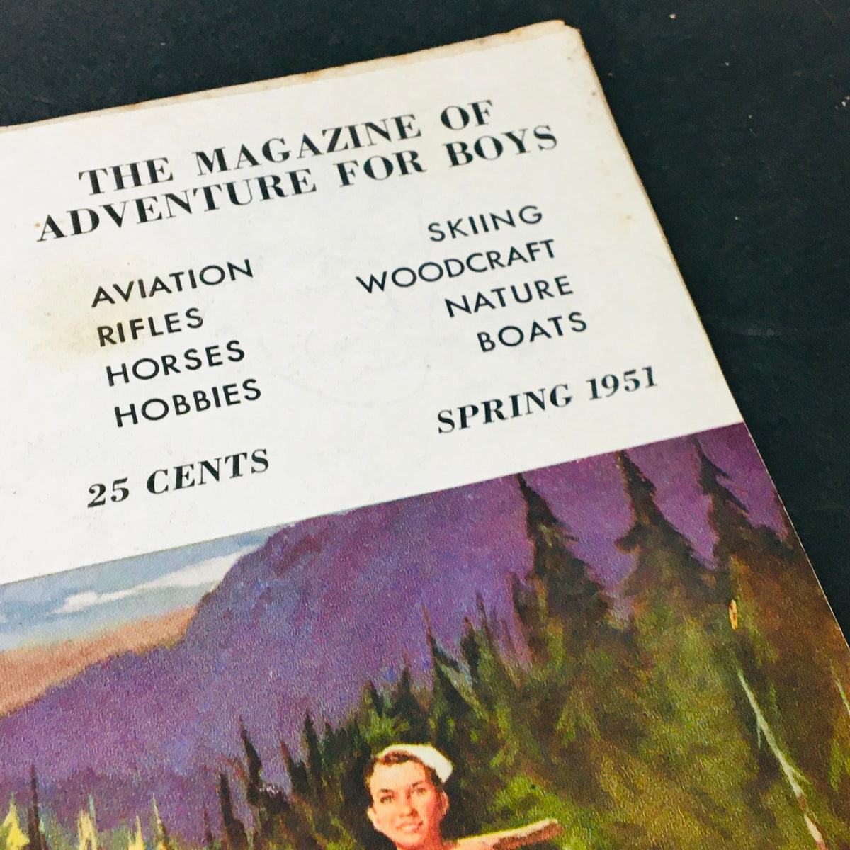 Close-up of the spring 1951 issue of VTG Mark Trail Magazine, highlighting adventure topics including skiing and woodcraft.