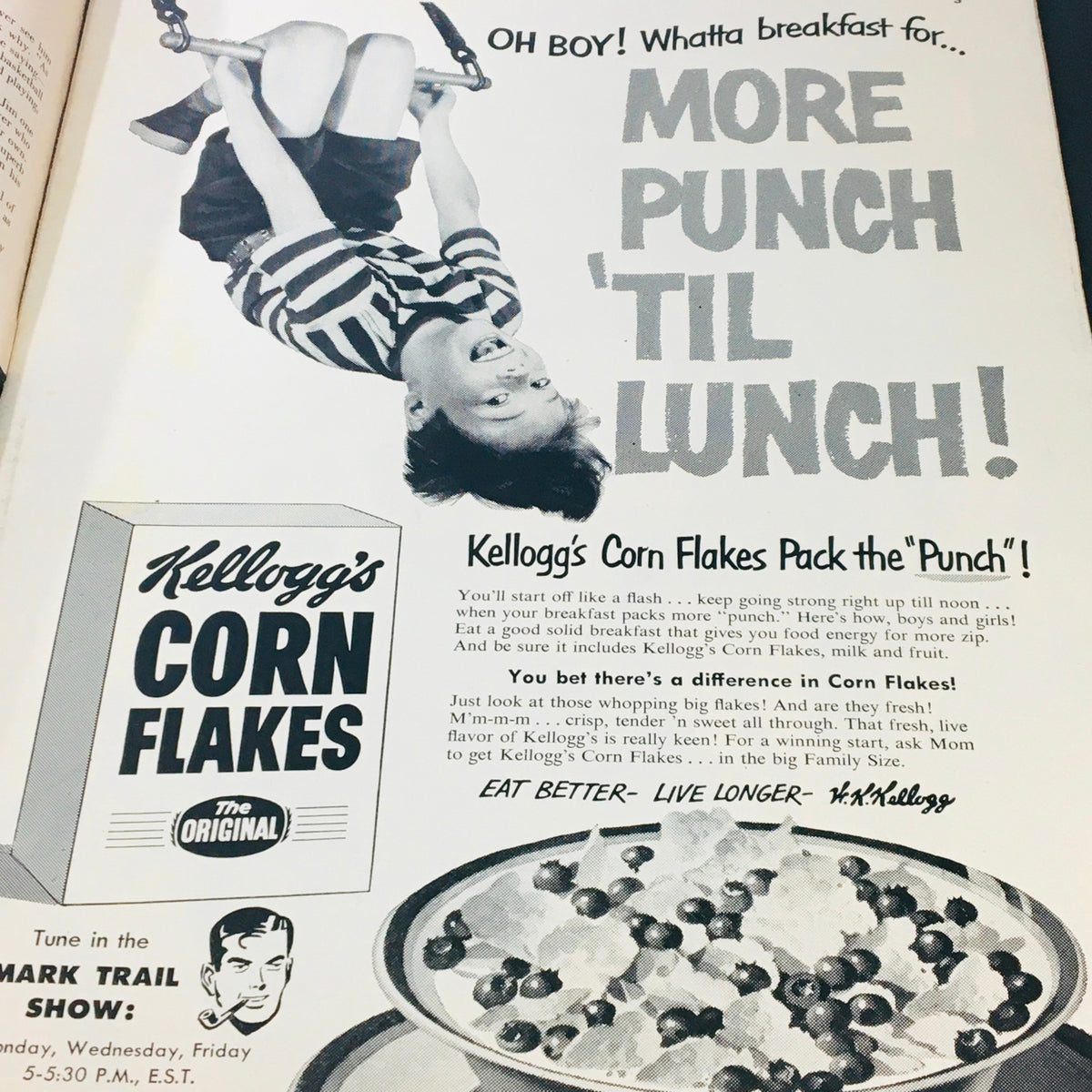 Vintage advertisement from the back of VTG Mark Trail Magazine Spring 1951 promoting Kellogg's Corn Flakes with a playful image of a boy.