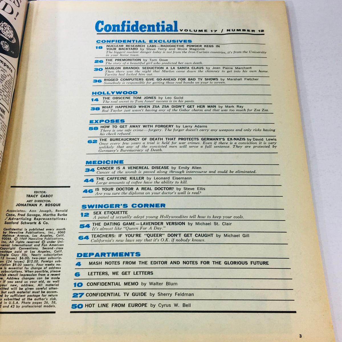 Interior page from VTG Confidential Magazine December 1969 listing articles, including a feature on Marlon Brando and more.