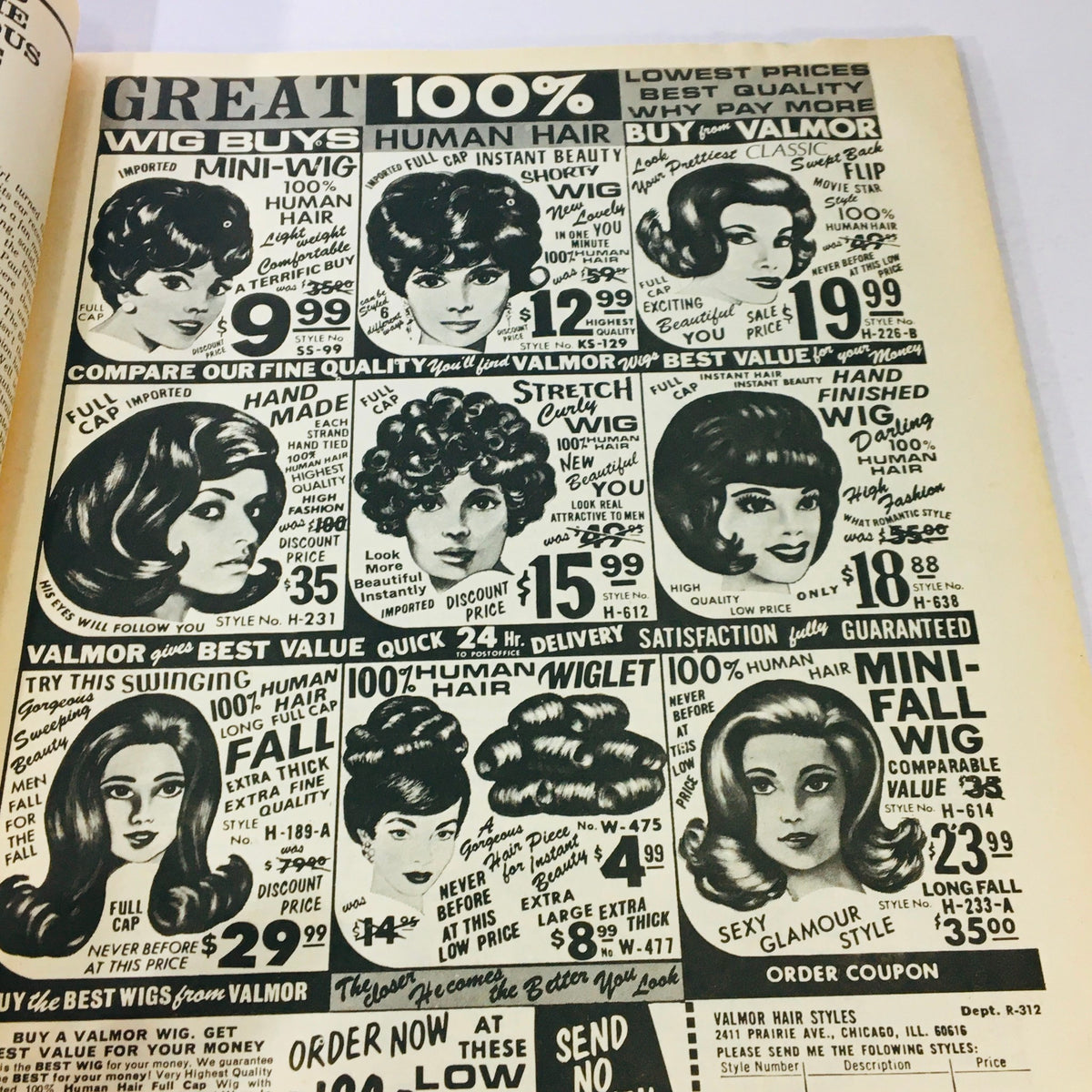 Advertisement page from VTG Confidential Magazine December 1969 showcasing various human hair wigs for sale.