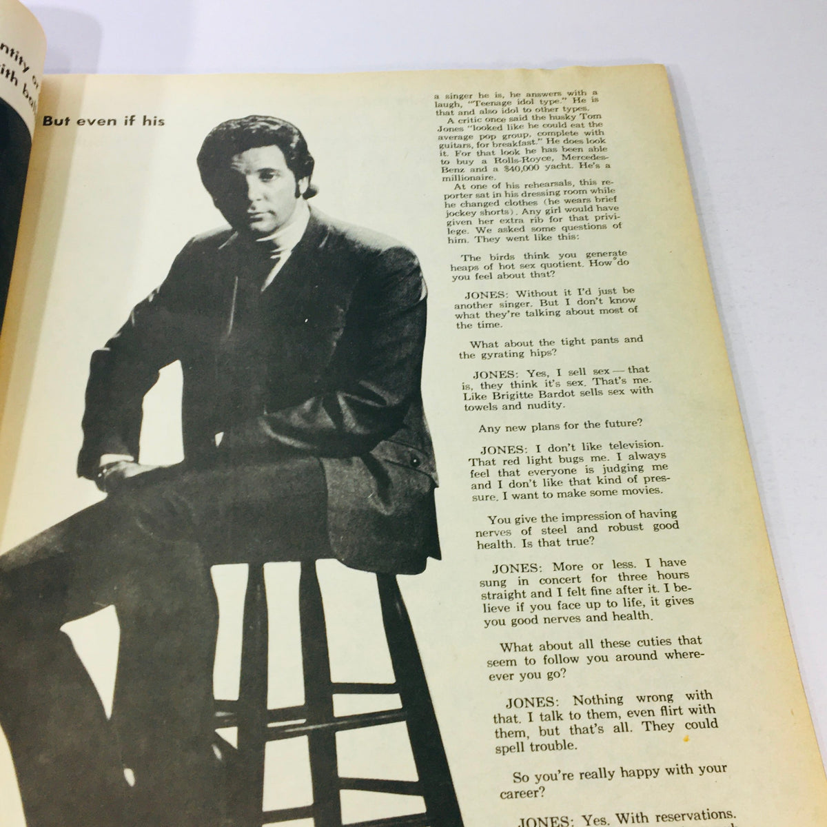 Feature article page from VTG Confidential Magazine December 1969 with an interview with Tom Jones discussing his career and personal insights.