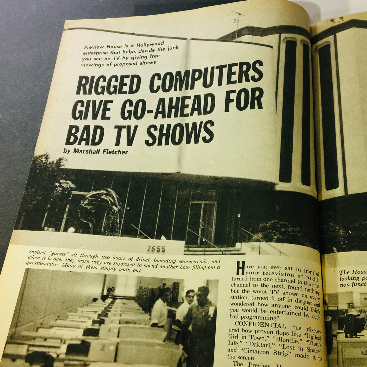 Article in VTG Confidential Magazine December 1969 titled 'Rigged Computers Give Go-Ahead for Bad TV Shows' exploring behind-the-scenes of television programming.