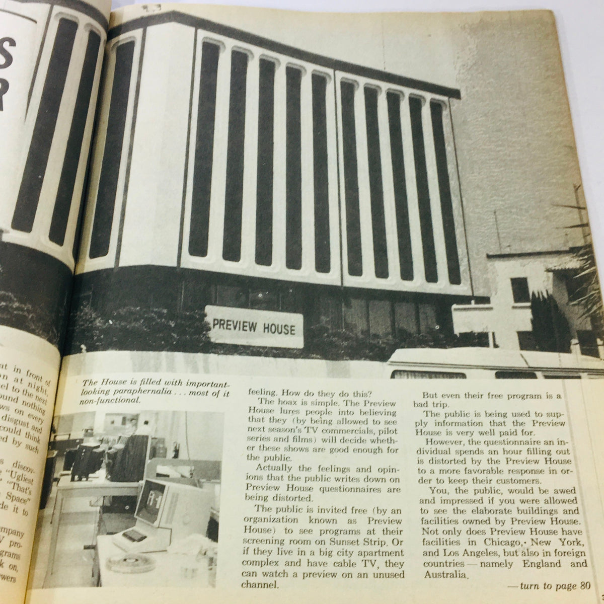 Image depicting the Preview House building featured in VTG Confidential Magazine December 1969, discussing how it influences TV show opinions.