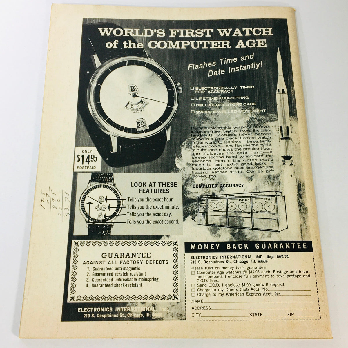 Advertisement for the 'World's First Watch of the Computer Age' from VTG Confidential Magazine December 1969 showcasing its features and price.