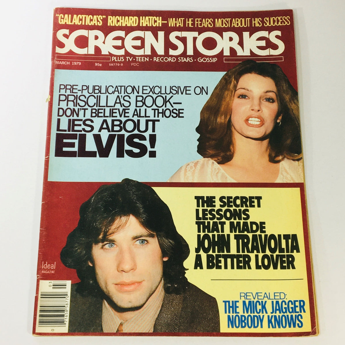 Cover of VTG Screen Stories Magazine March 1979 featuring Priscilla Presley and John Travolta with headline about exclusive details on Prescilla's book about Elvis.