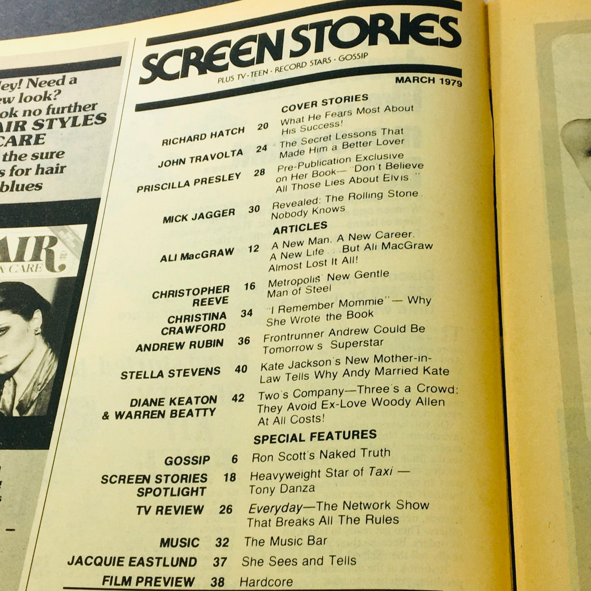 Table of contents from VTG Screen Stories Magazine March 1979 showcasing articles and features including Priscilla Presley and John Travolta.