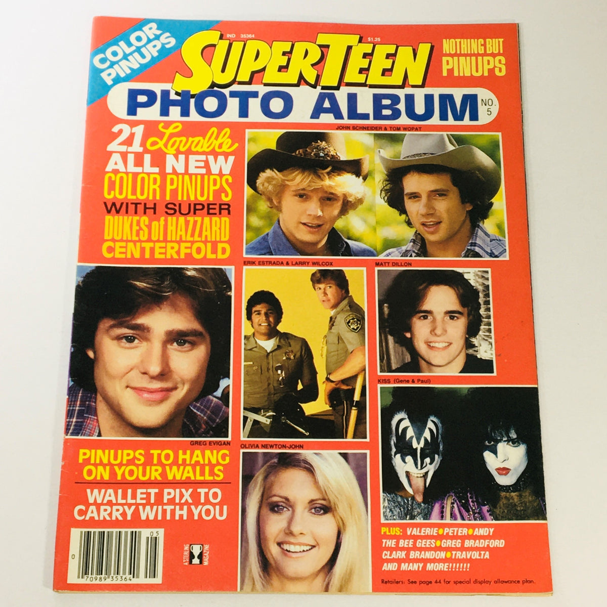 Cover of VTG SuperTeen Magazine #5 from 1977 featuring prominent figures such as John Schneider, Tom Wopat, and Olivia Newton-John, showcasing colorful pinups and offers to decorate your walls.