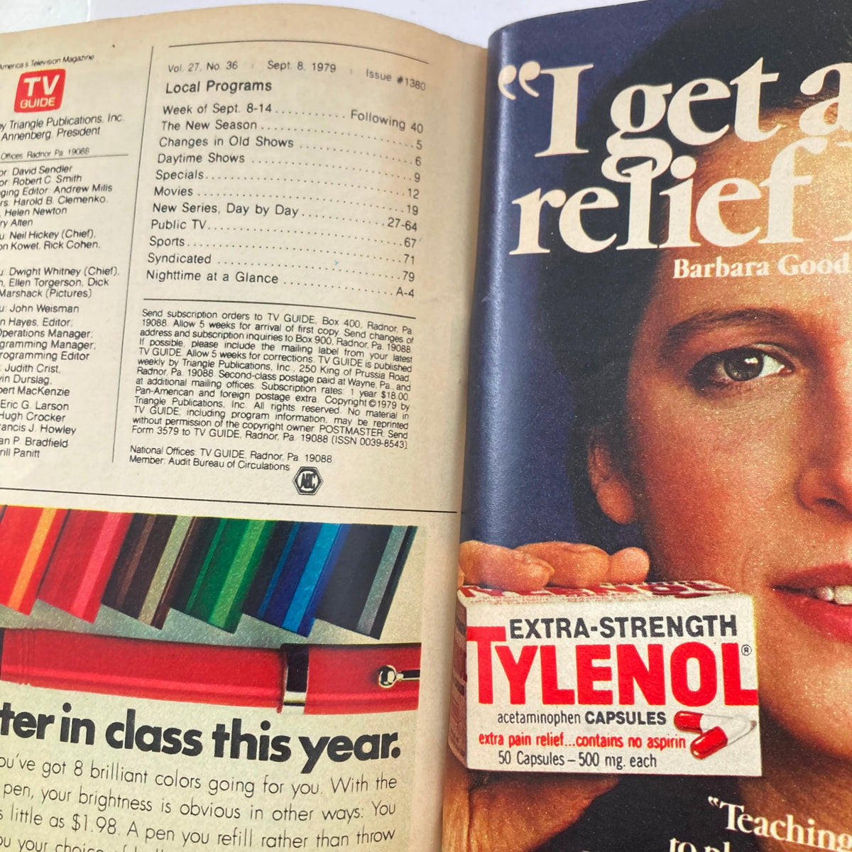 Inside view of the TV Guide Magazine September 8 1979, issue #1380, showing local programs and an ad for Extra-Strength Tylenol, offering a glimpse into the television programming of the late 1970s.