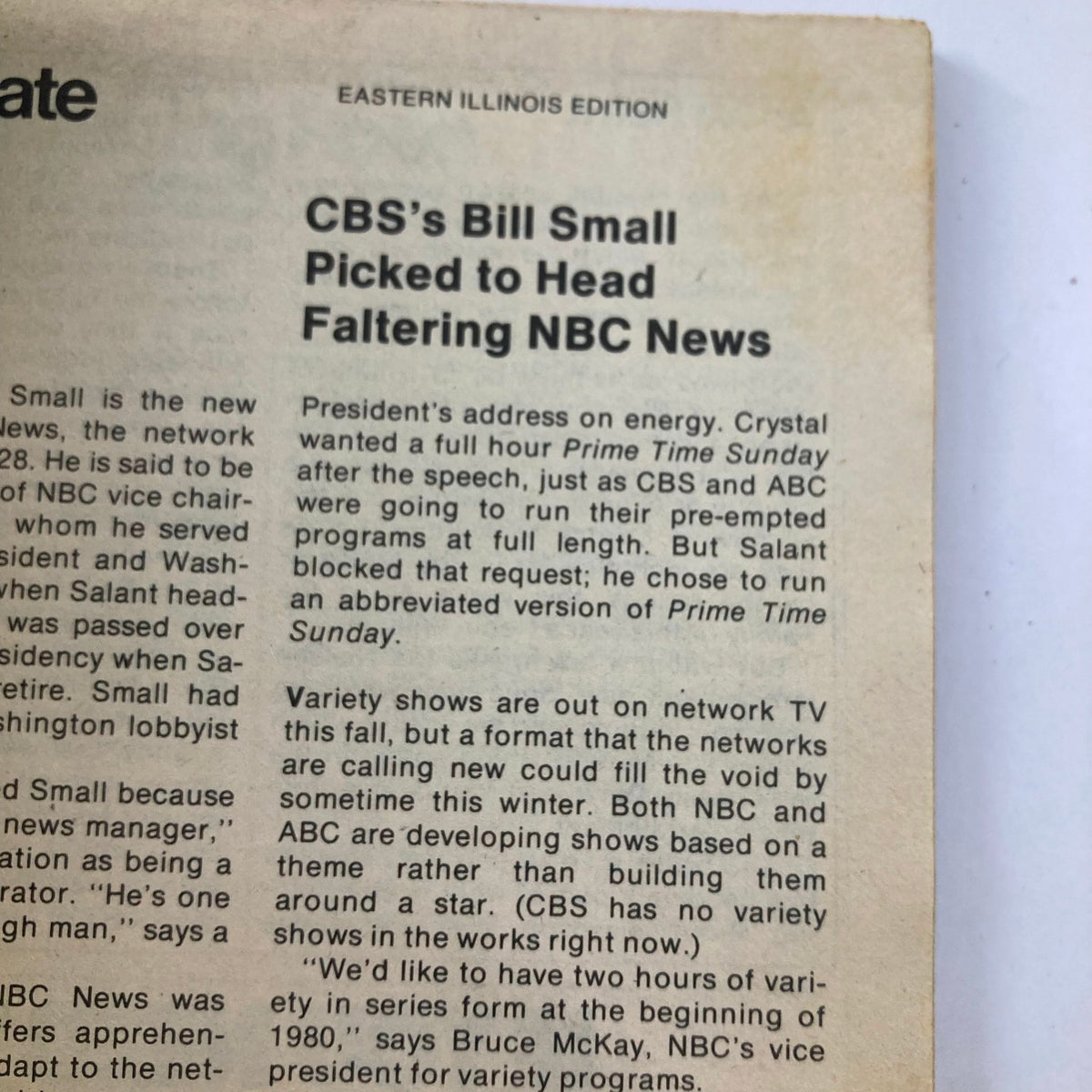 Interior page of TV Guide Magazine September 8 1979 #1380 The Fall Preview Issue Eastern IL Ed., featuring an article about CBS's Bill Small appointed to lead faltering NBC News, discussing network television changes and programming.