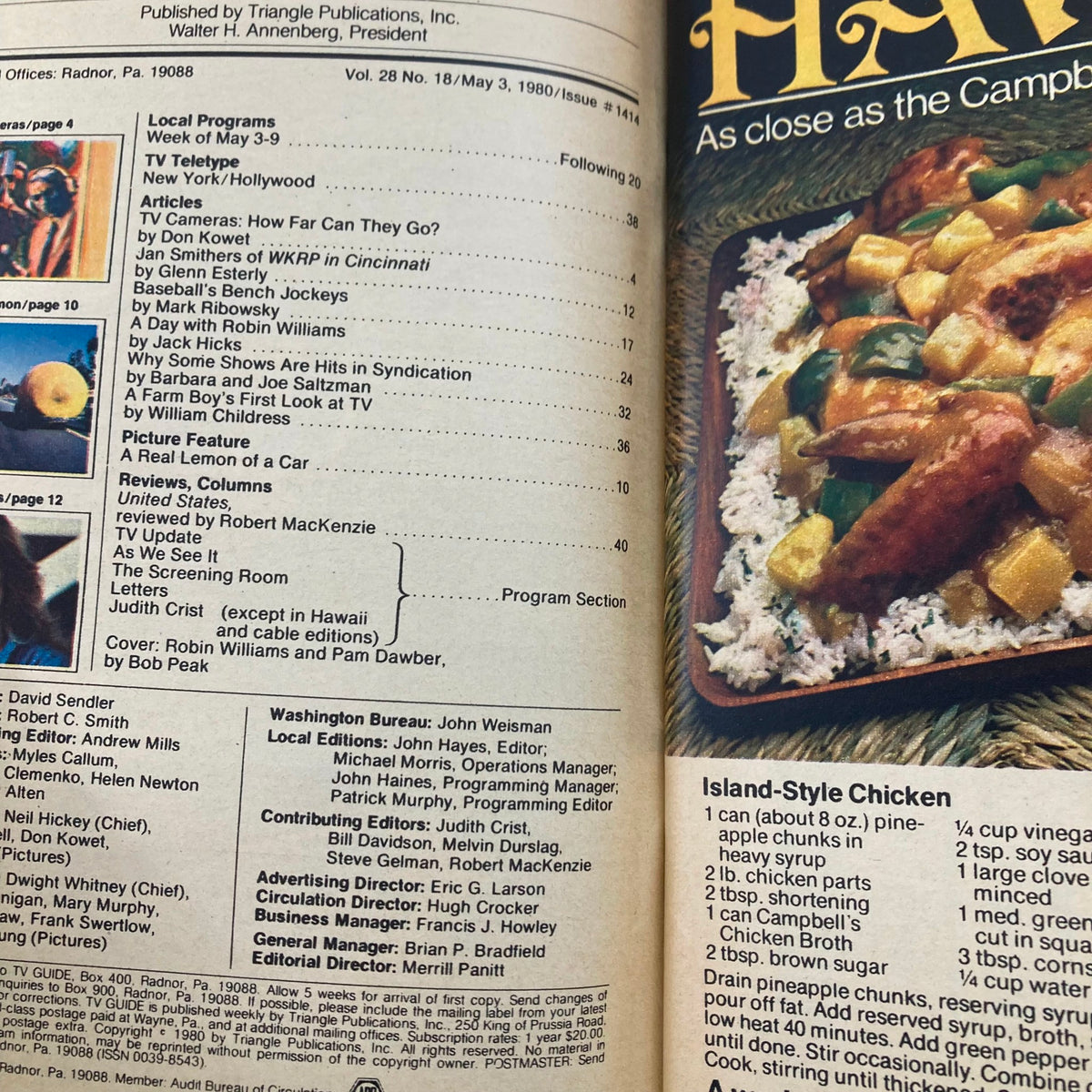 Inside page of TV Guide Magazine May 3 1980 #1414, highlighting articles about television programs and featuring Robin Williams and Pam Dawber.