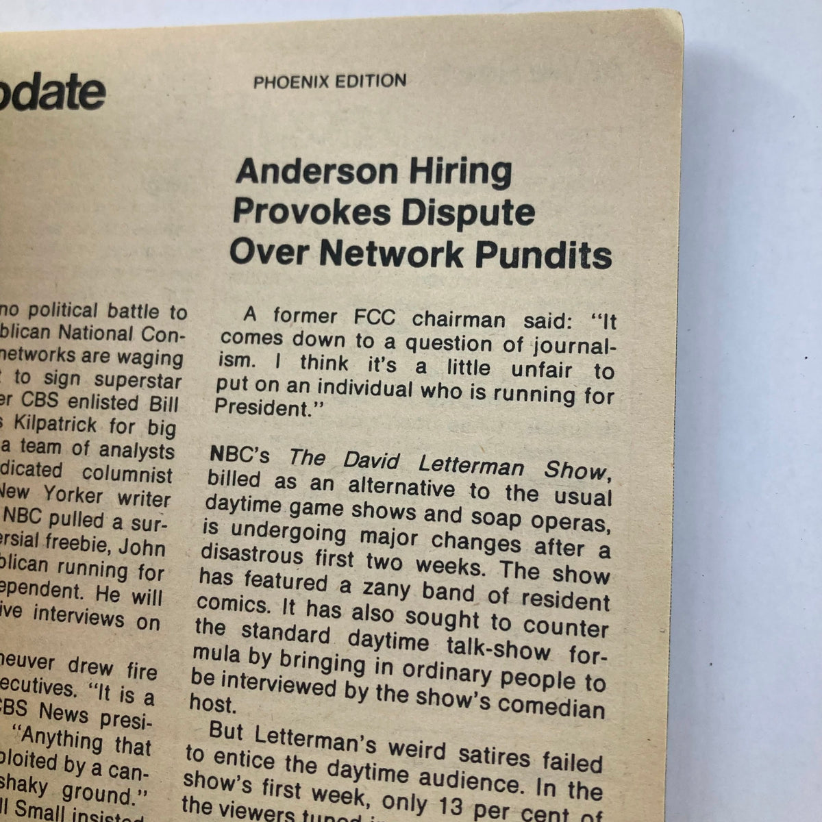 Inside page of TV Guide Magazine from July 19, 1980 featuring an article about Anderson Hiring and a discussion on network pundits. The text illustrates the impact of media changes at NBC's The David Letterman Show.