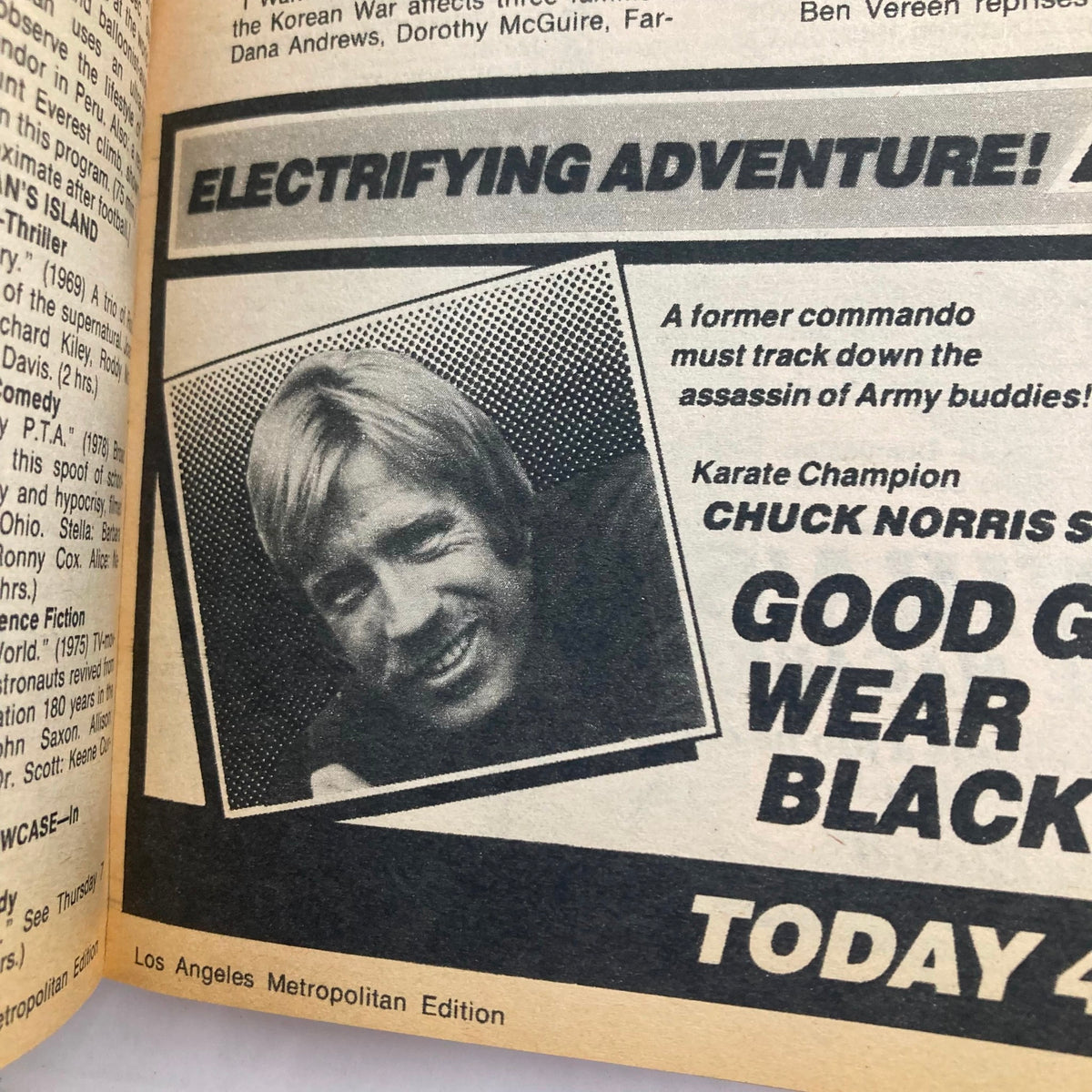 Interior page of TV Guide Magazine May 21, 1983 showcasing a feature on Chuck Norris with the headline 'ELECTRIFYING ADVENTURE!' along with a brief description of the show 'GOOD GUYS WEAR BLACK'.