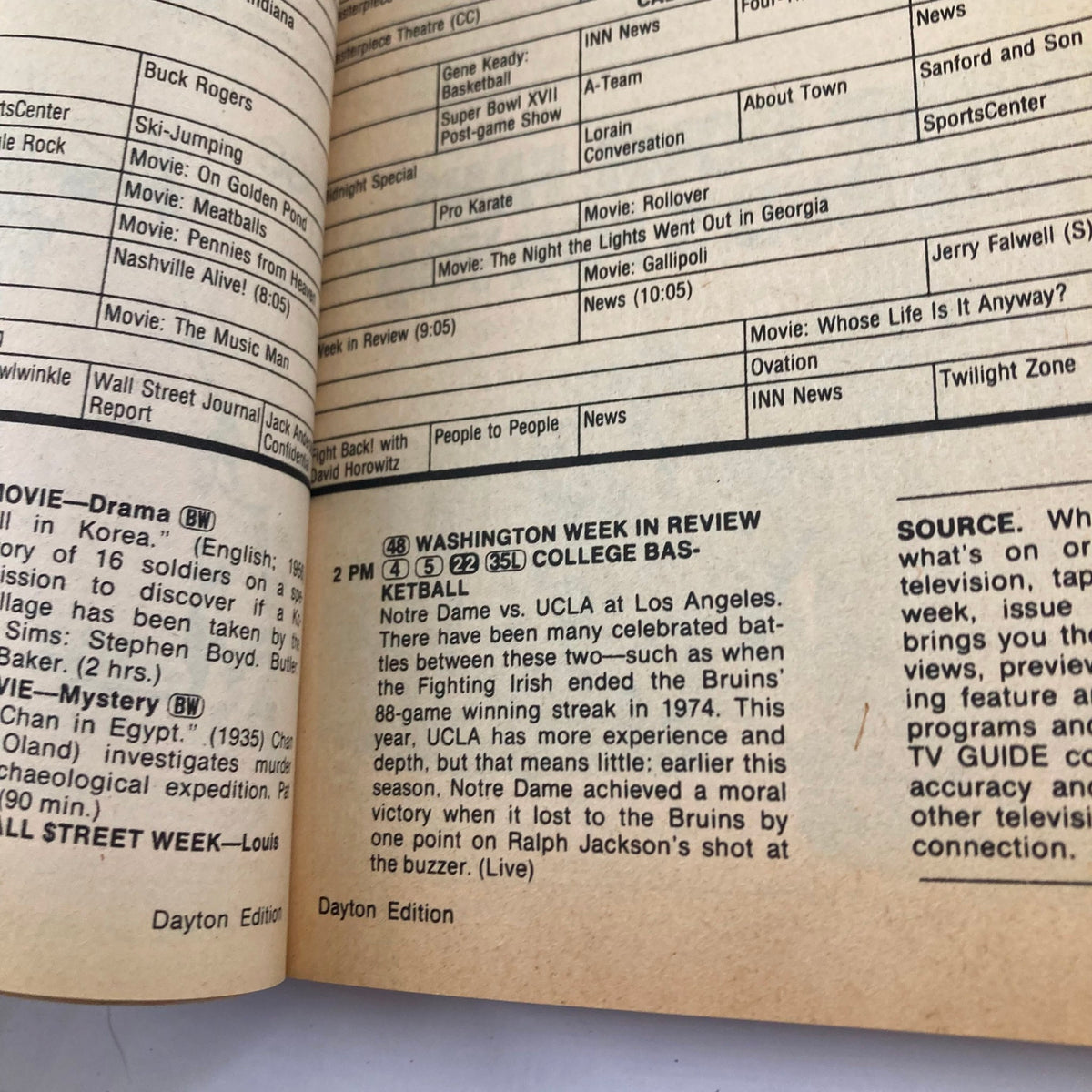 Inside spread of the TV Guide Magazine from January 29, 1983, showing a schedule of programs including college basketball and movie listings, part of the Dayton Edition.