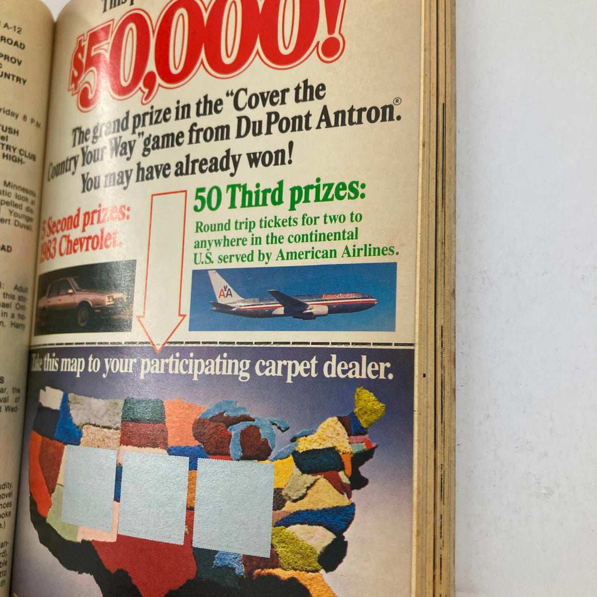 TV Guide Magazine March 12 1983 Bruce Weitz Ed. No Label (MISS EDITION) featuring an advertisement for a $50,000 prize contest, showcasing a vintage 1983 Chevrolet as a second prize alongside round trip tickets from American Airlines, with a colorful map and instructions for dealers.