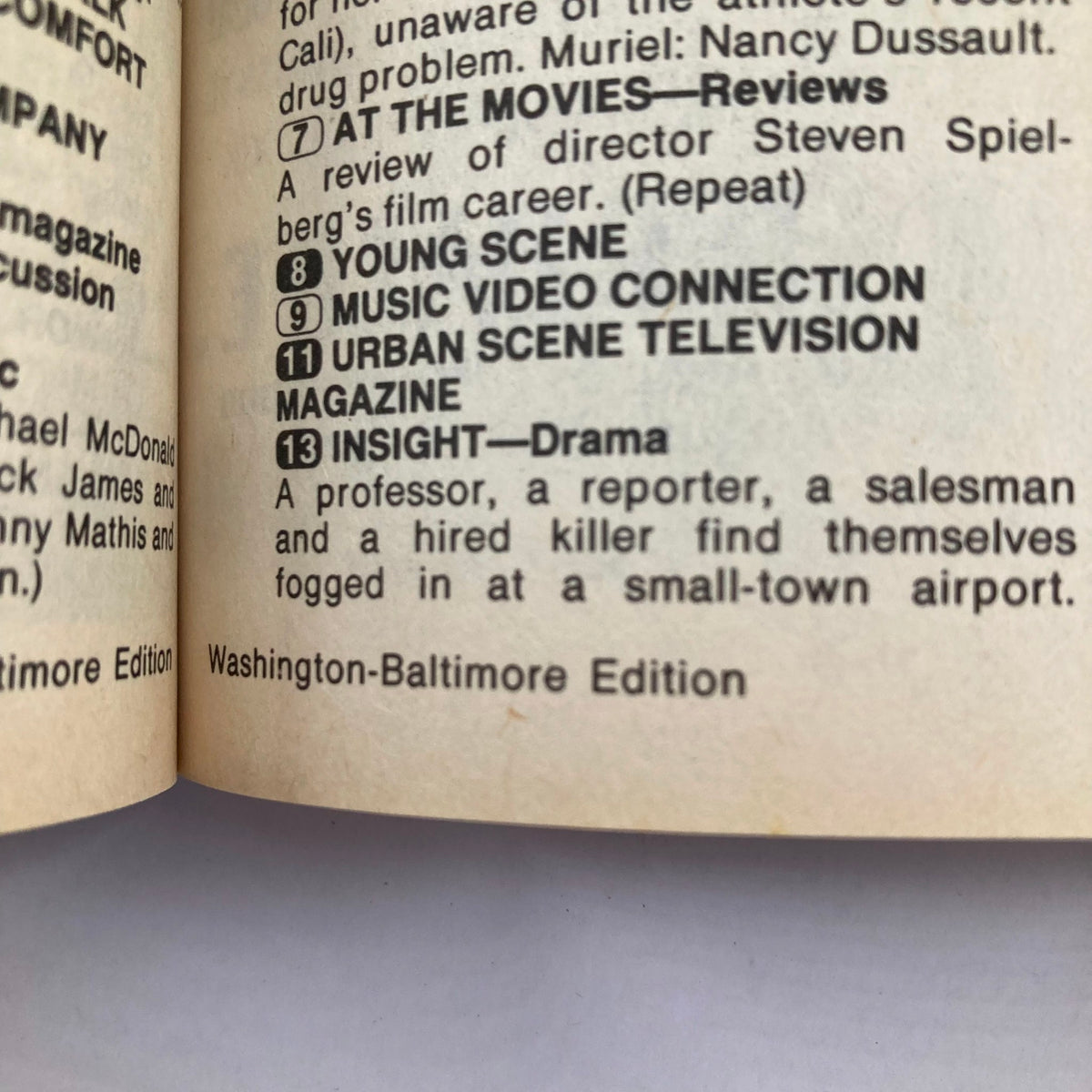 Interior page of TV Guide Magazine August 25 1984, displaying program listings and descriptions related to shows like 'Young Scene' and 'Insight' in the Washington-Baltimore edition.