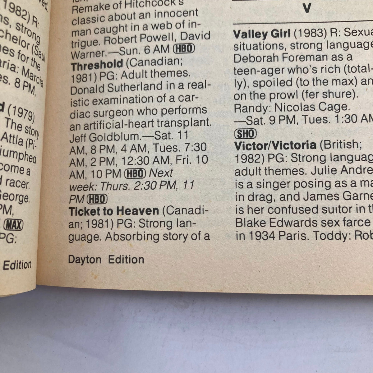 TV Guide Magazine January 28, 1984 showing various TV listings including films like 'Threshold' and 'Ticket to Heaven', featuring the Dayton Edition and showcasing the mid-80s television landscape.