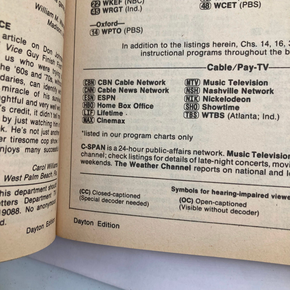 Inside page of the TV Guide Magazine December 8 1984, showing cable and pay-TV listings including CBN, CNN, ESPN, and more. Part of this classic magazine offers insights into programming at the time.