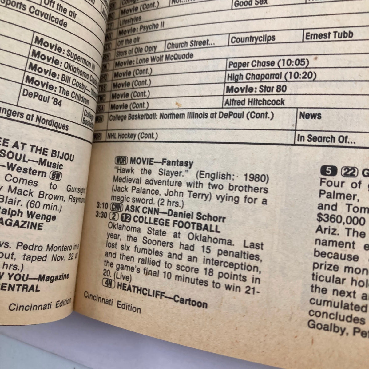Inside page of TV Guide Magazine dated November 24, 1984, showing listings including movies and college football, part of the Susan Saint James issue.