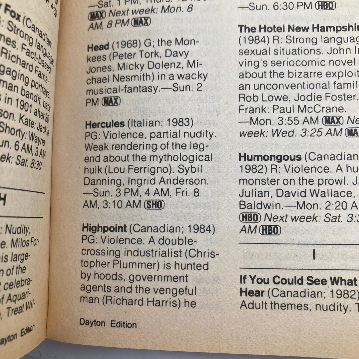 Inside page of TV Guide Magazine from July 20, 1985 displaying movie listings and descriptions, part of the Dayton Edition.