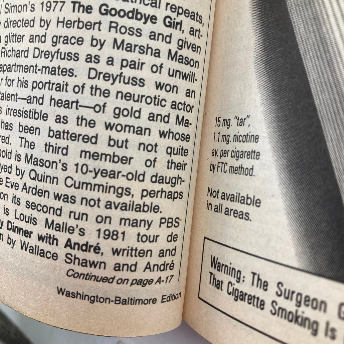 Inside page from the TV Guide Magazine July 13, 1985, Washington-Baltimore Edition, showcasing an article about notable film and TV performances, including descriptions and cigarette warnings.
