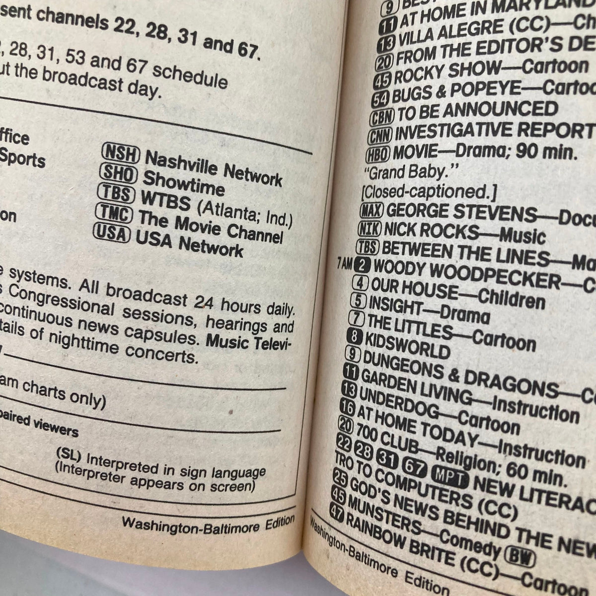 Inside view of TV Guide Magazine from October 12 1985, displaying the broadcast schedule for the Washington-Baltimore edition.