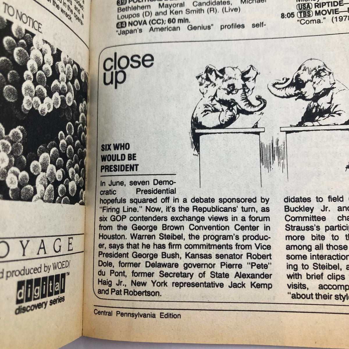 Inside page of the TV Guide Magazine October 24, 1987, showcasing a 'Close Up' feature discussing presidential candidates with illustrations of elephants, emphasizing political content relevant to the era.