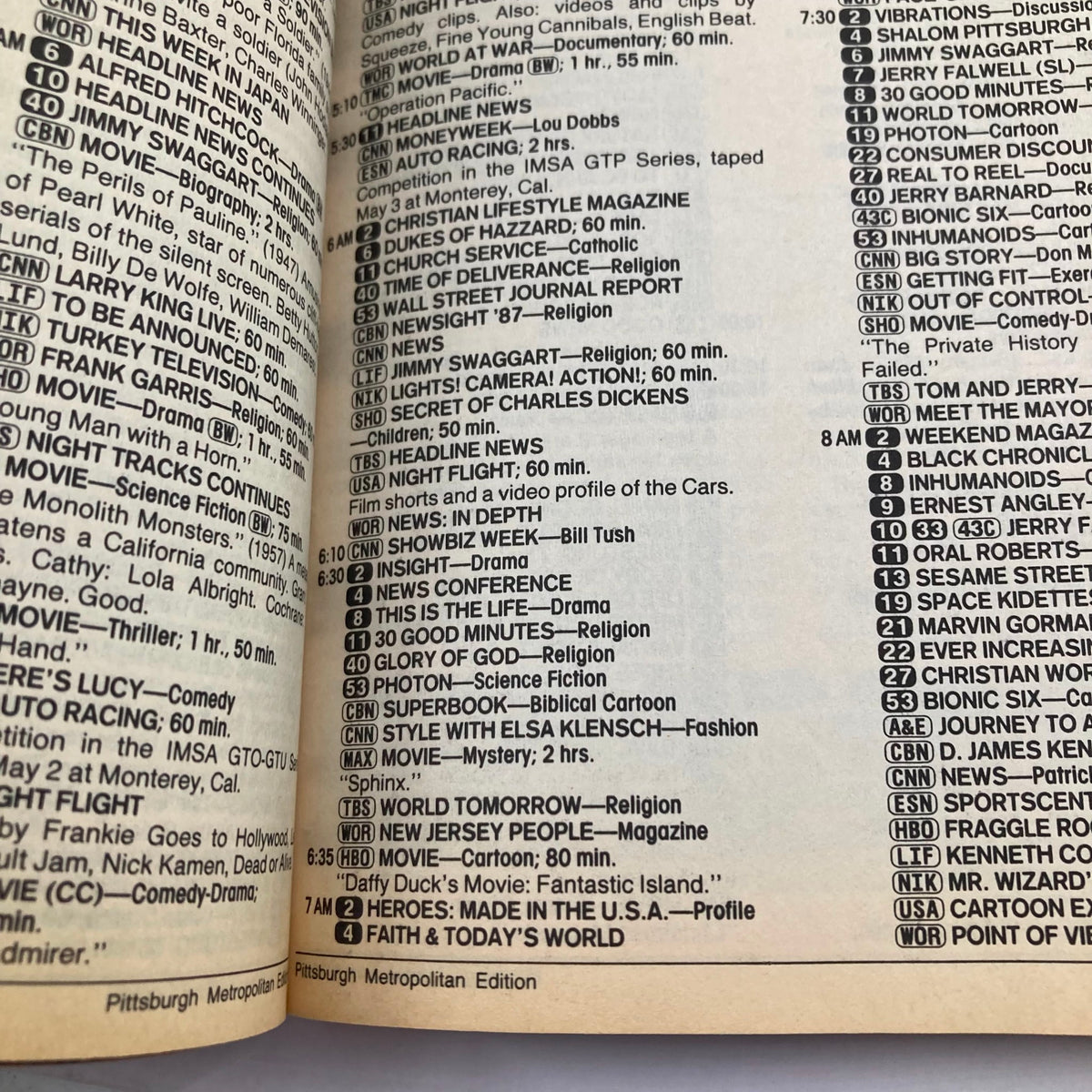 Inside page of TV Guide Magazine May 23 1987 displaying the television schedule, including program listings and timing for various shows in the Pittsburgh Metropolitan Edition.