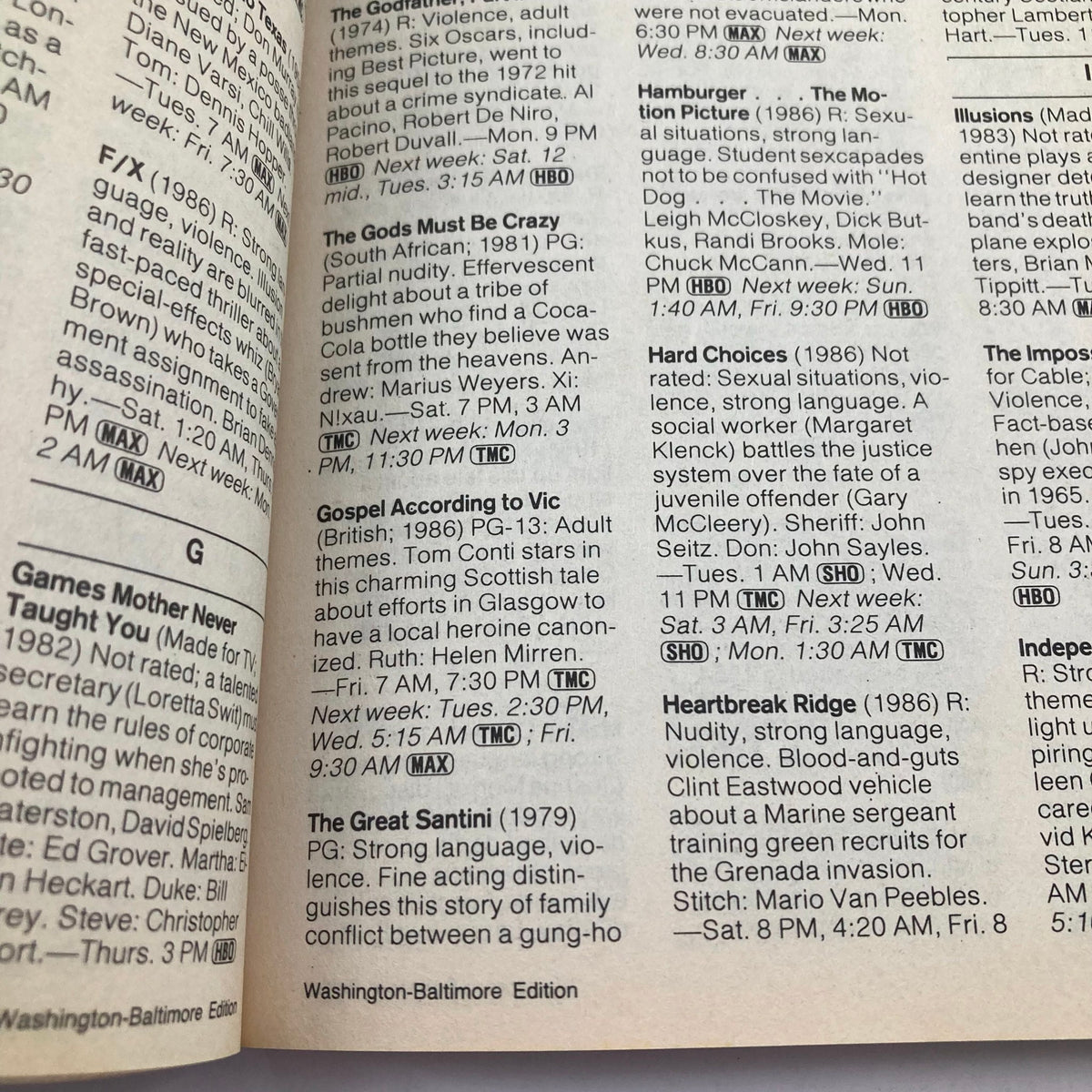 Page from TV Guide Magazine December 5 1987 featuring listings for various films and shows, including 'The Gods Must Be Crazy,' 'Gospel According to Vic,' and 'The Great Santini.'