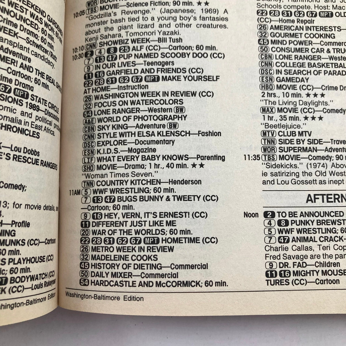 Interior page of TV Guide Magazine April 1 1989, showcasing the programming schedule for Washington-Baltimore edition, including show titles and times.