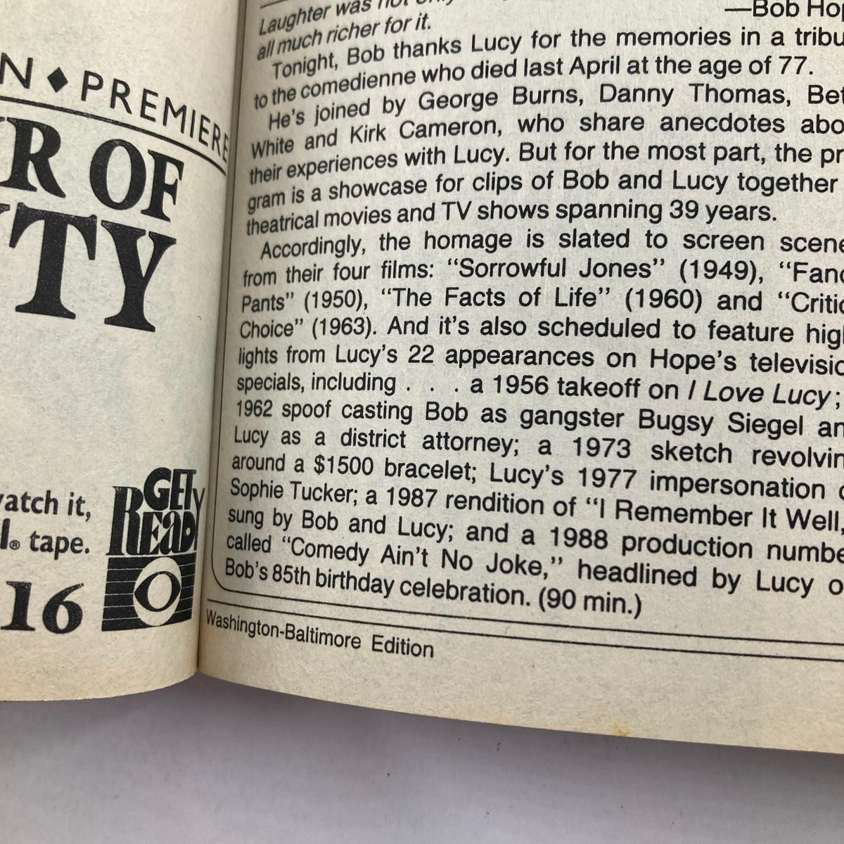 Inside page of TV Guide Magazine September 23 1989, featuring details about the program 'Goodnight, Bob' hosted by Bob Hope, highlighting classic moments from the show and Lucy's appearances.