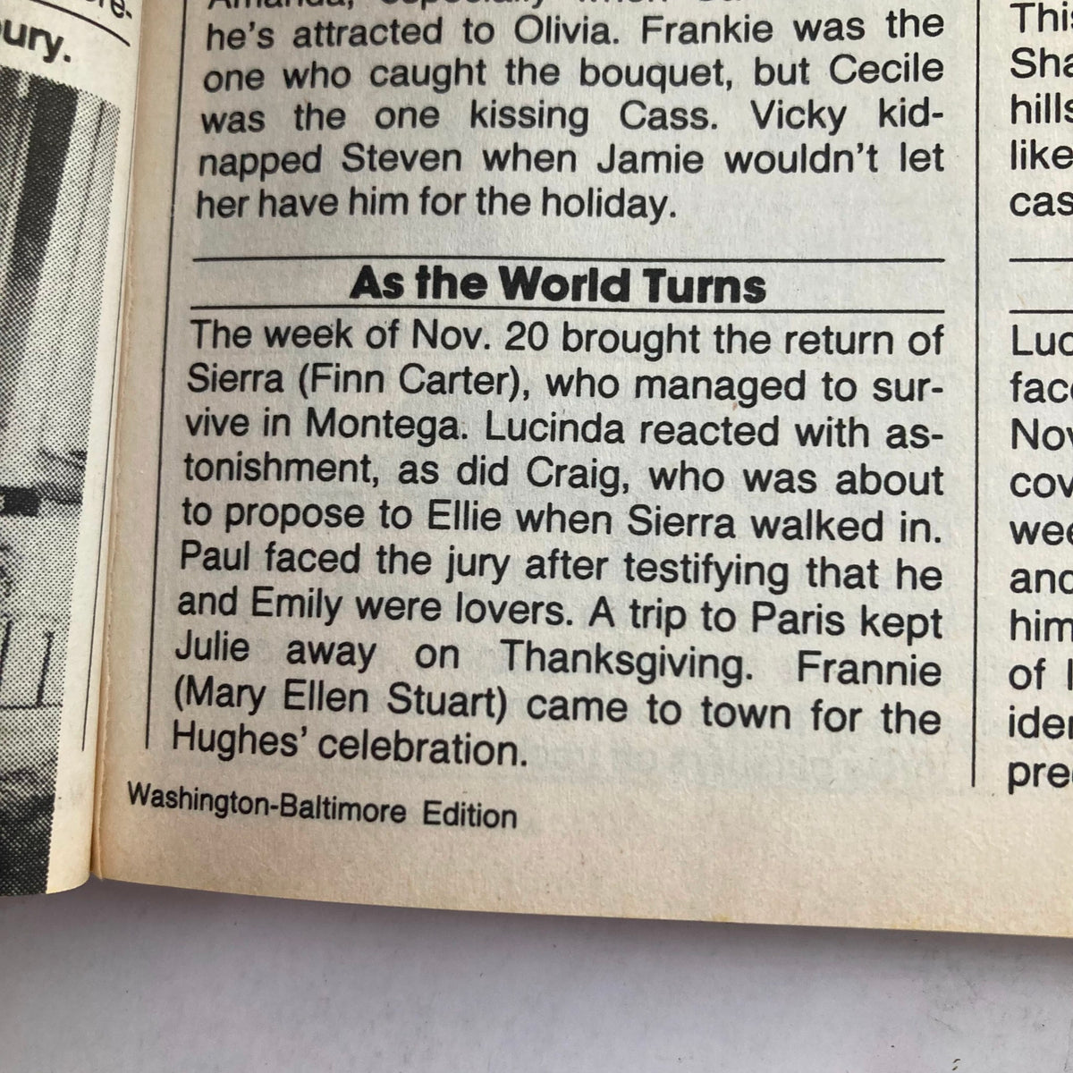 Inside page of TV Guide Magazine December 2, 1989, detailing a storyline from 'As the World Turns,' with a focus on character developments and dramatic plots from the show.