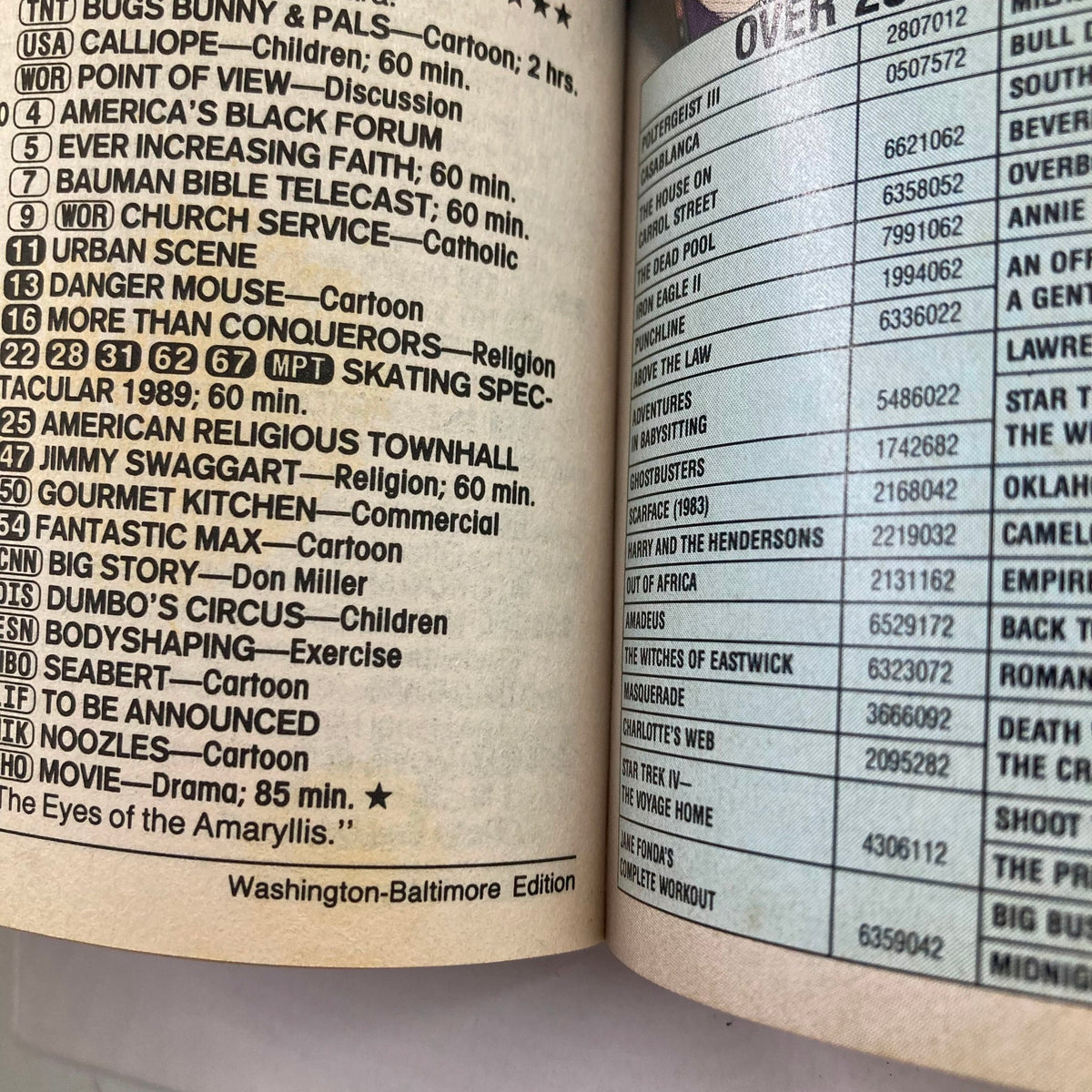 Inside page of TV Guide Magazine June 3 1989 displaying the Washington-Baltimore edition program listings, including cartoons and religious programs.