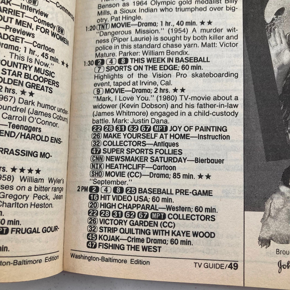 Interior page of TV Guide Magazine July 8, 1989, displaying a detailed schedule of television programs and movies. This page provides insights into the week's viewing options and highlights, contributing to television history as captured in this vintage magazine.