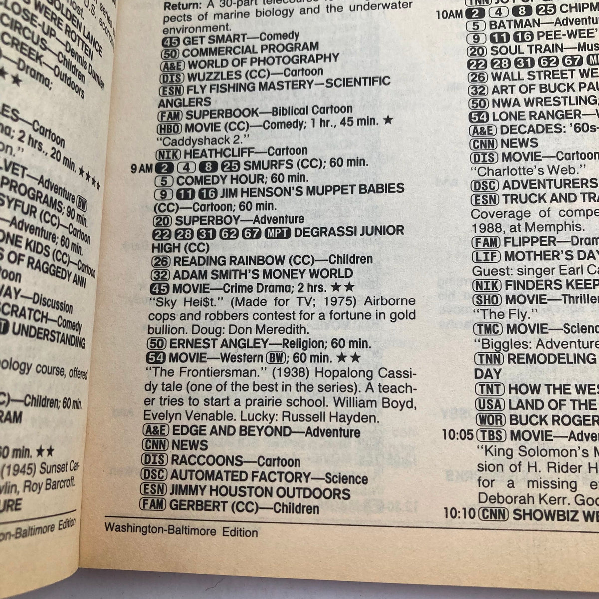 Inside page of TV Guide Magazine from August 26, 1989 showcasing the TV schedule and programming details for the Washington-Baltimore Edition.