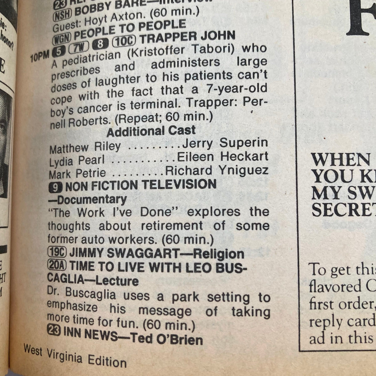 Inside page of TV Guide Magazine September 8 1984 Fall Preview West Virginia Edition displaying a television schedule and show descriptions.