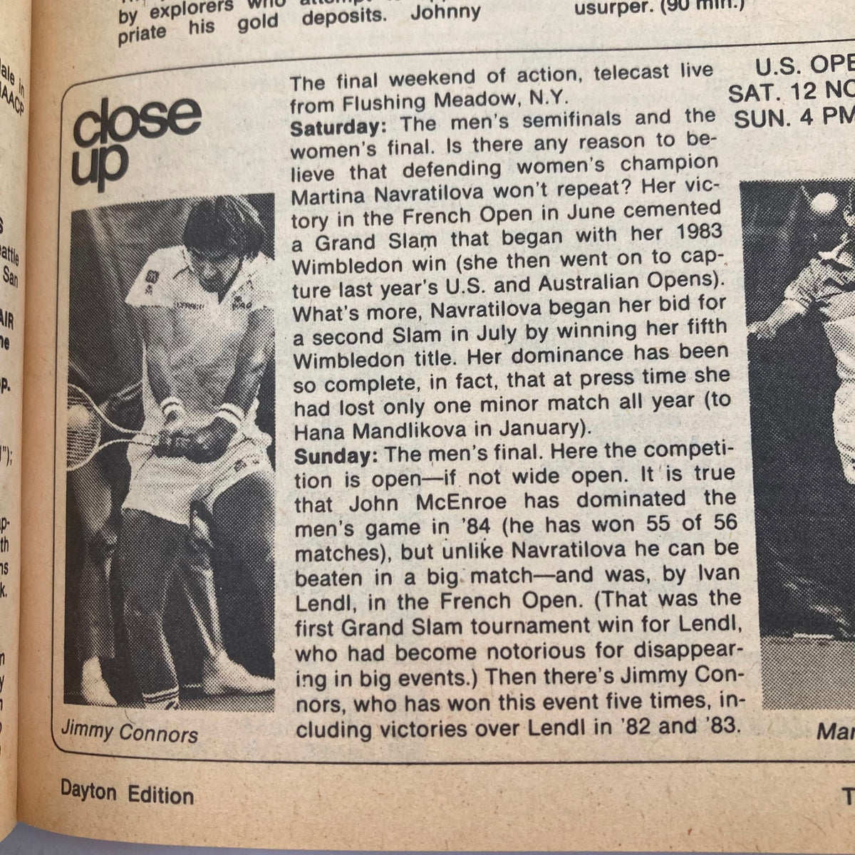 TV Guide Magazine September 8 1984 Fall Preview with details on the U.S. Open finals featuring Martina Navratilova and John McEnroe, along with an image of Jimmy Connors, highlighting tennis history and major matchups.