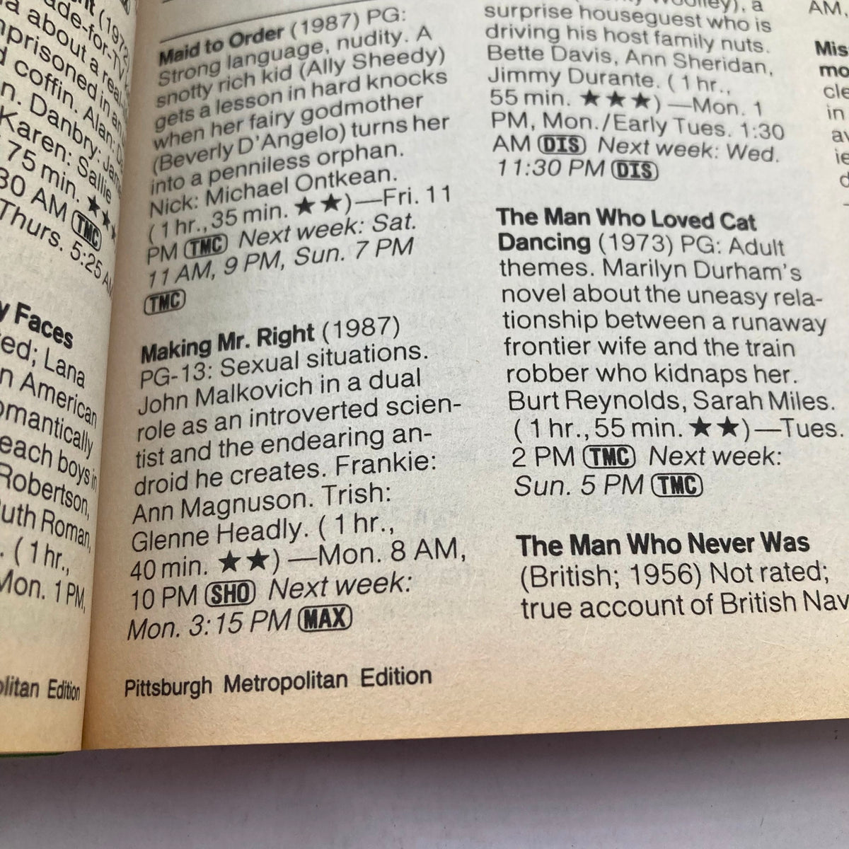 Interior page of TV Guide Magazine October 1 1988 Fall Preview Pittsburgh Metro Edition, showcasing television listings and reviews from the late 1980s, highlighting popular movies and shows of that era.