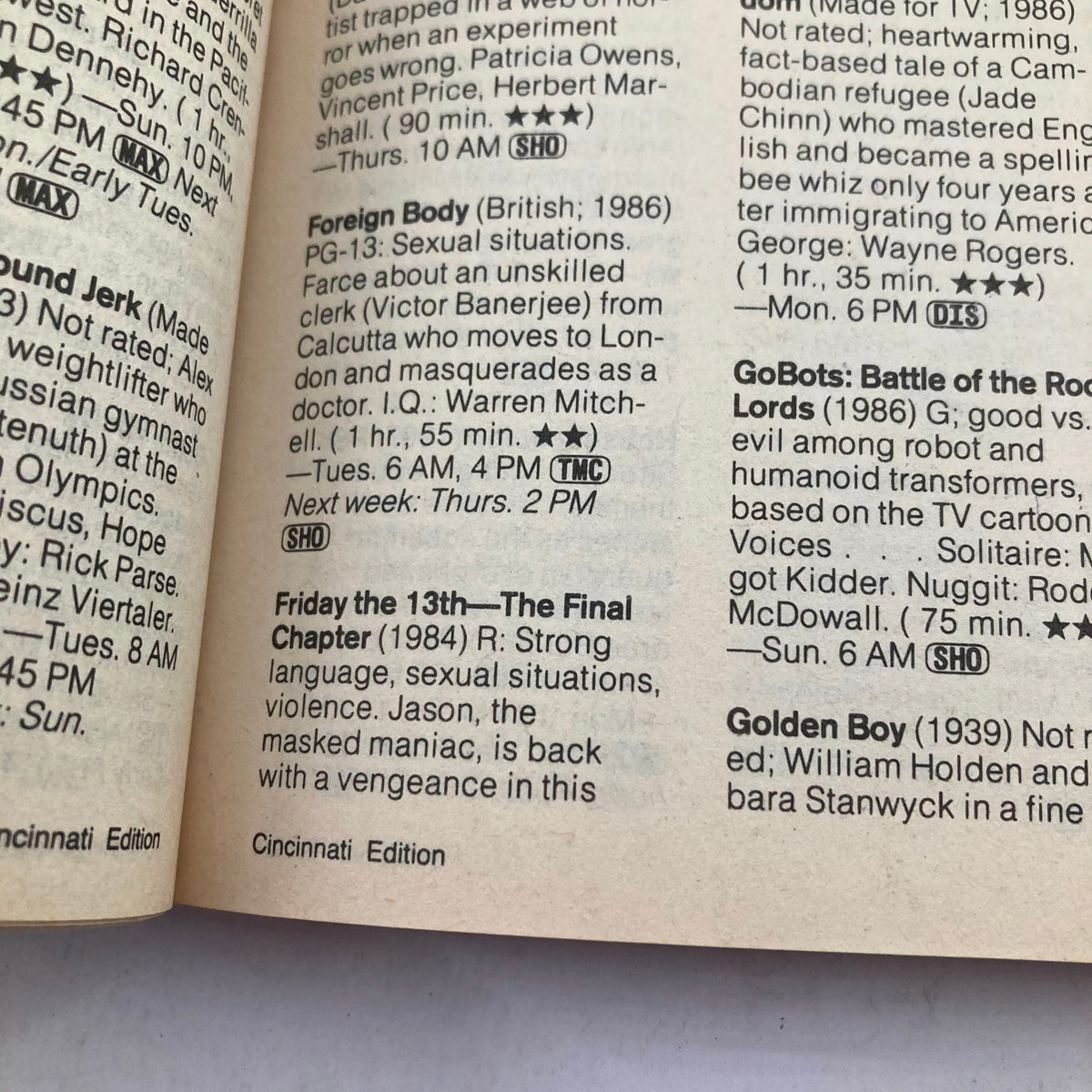 Interior page of the TV Guide Magazine from January 21, 1989, detailing program listings including 'Foreign Body' and 'Friday the 13th—The Final Chapter,' part of the Cincinnati edition.
