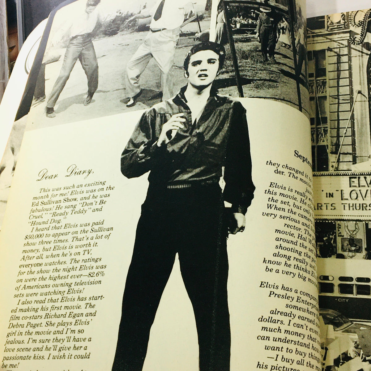Platinum Presents 1979 #6 Elvis Presley Diary displaying Elvis on stage during a performance, with handwritten notes dated September 1956, highlighting events of his career.