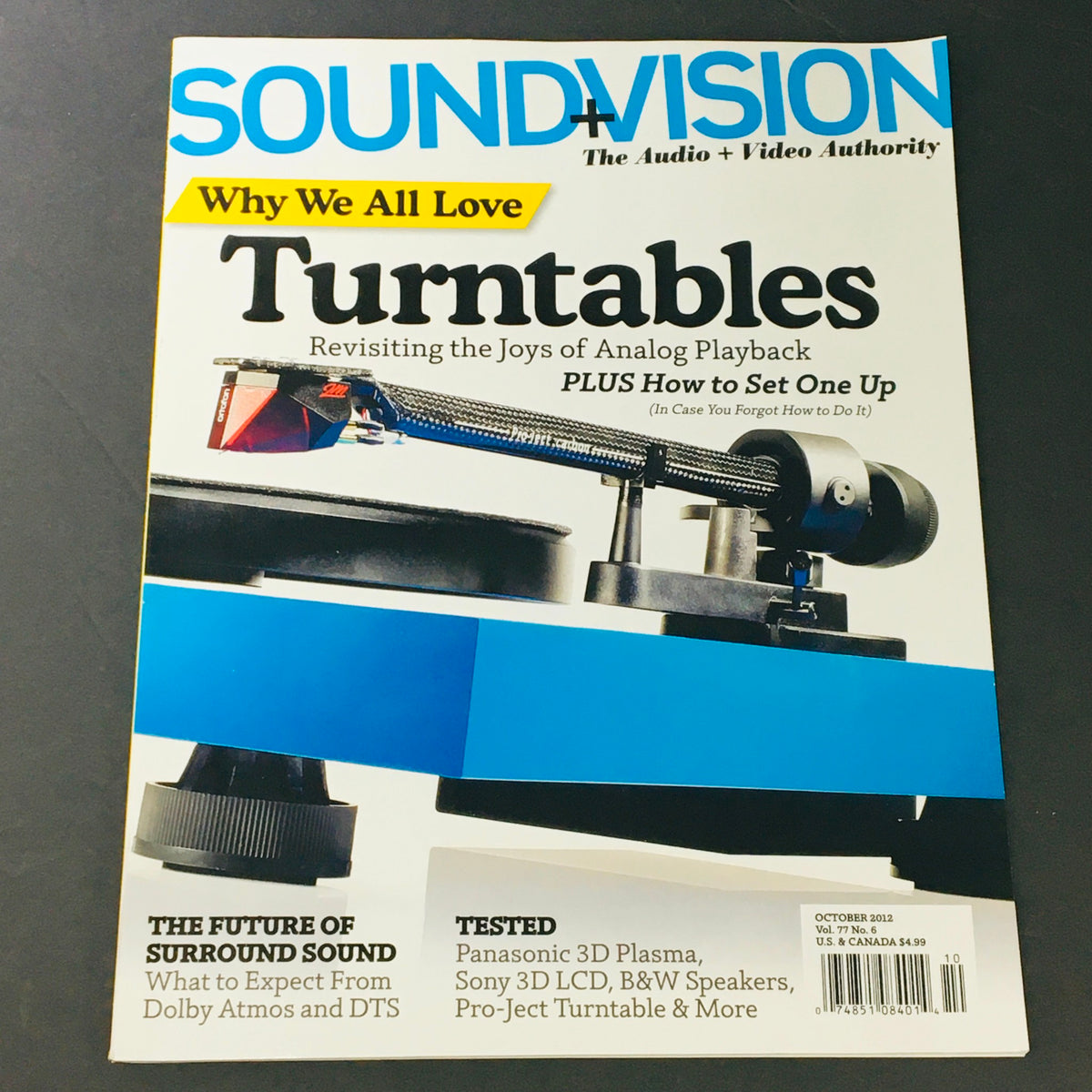 Sound & Vision Magazine October 2012 Vol 77 #6 featuring an image of a turntable on the cover, highlighting the theme of Analog Playback, surrounded by text discussing audio technology, reviews, and entertainment.