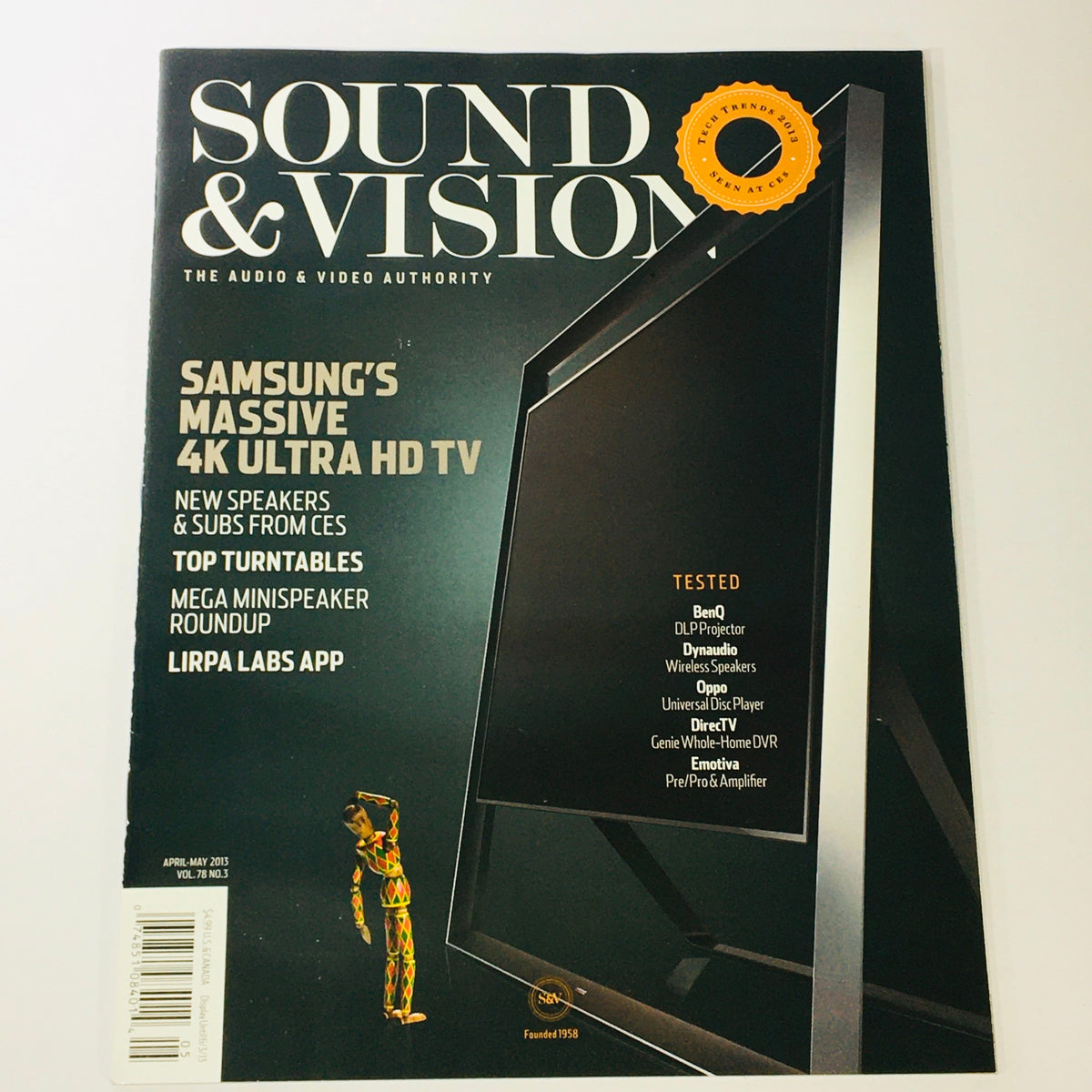 Cover of Sound & Vision Magazine April May 2013 Vol 78 #3 featuring Samsung's massive 4K Ultra HD TV, highlighting new speakers and subwoofers, top turntables, and a roundup of audio equipment.