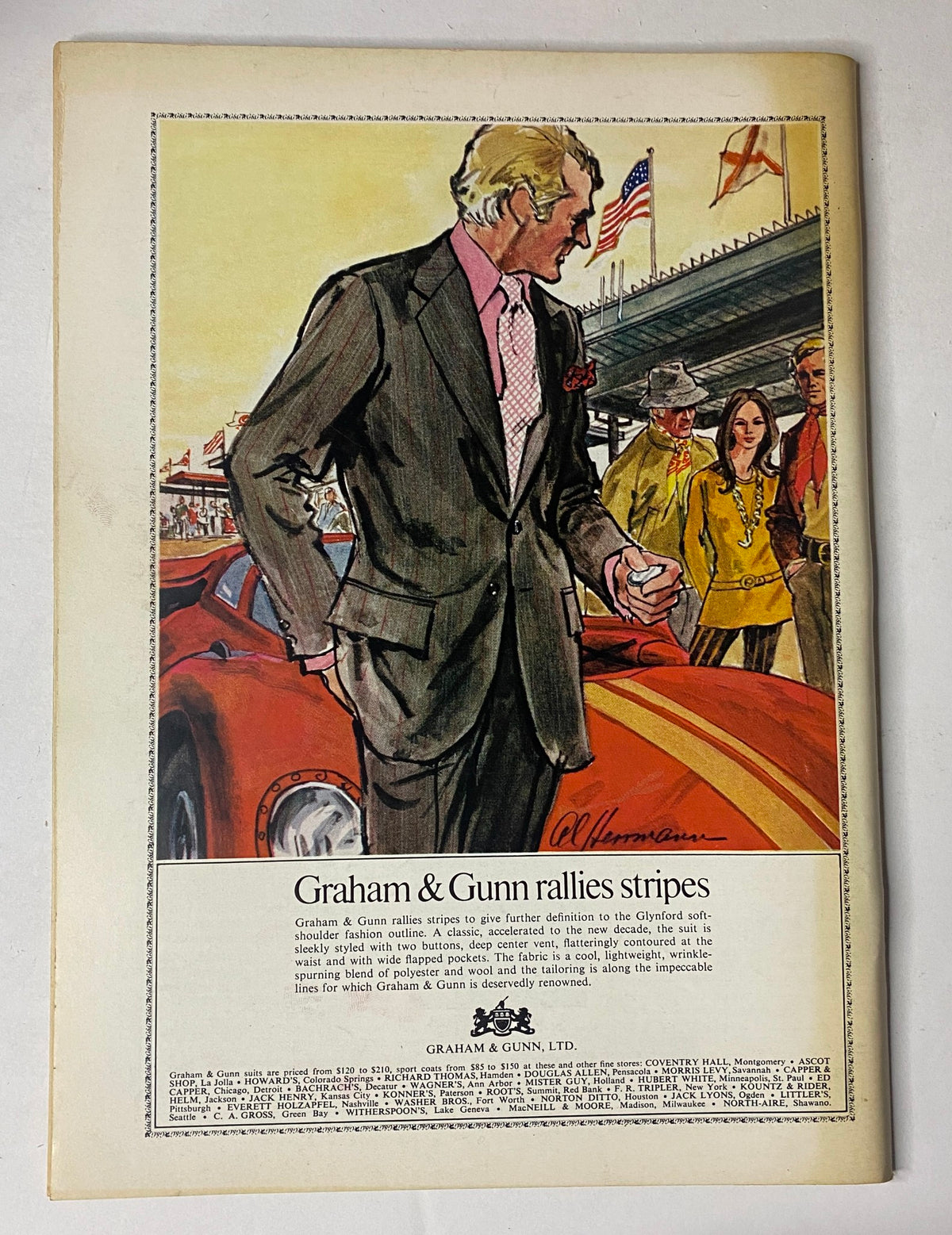 Back cover of The New Yorker Full Magazine April 4, 1970 featuring an advertisement for Graham & Gunn, showcasing a stylishly dressed man at a racing event, highlighting the magazine's blend of art and advertising.