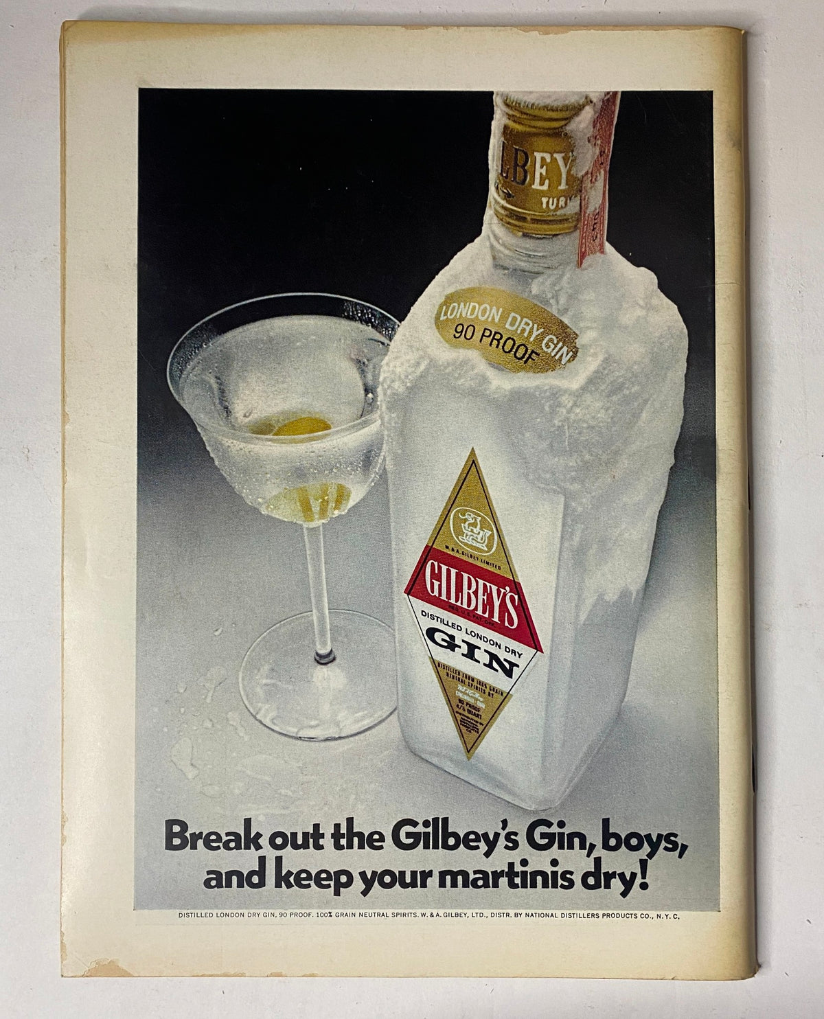 Back cover of The New Yorker Full Magazine October 9, 1971 featuring a Gilbey's Gin advertisement with a frosted bottle and a martini glass, highlighting vintage advertising aesthetics.