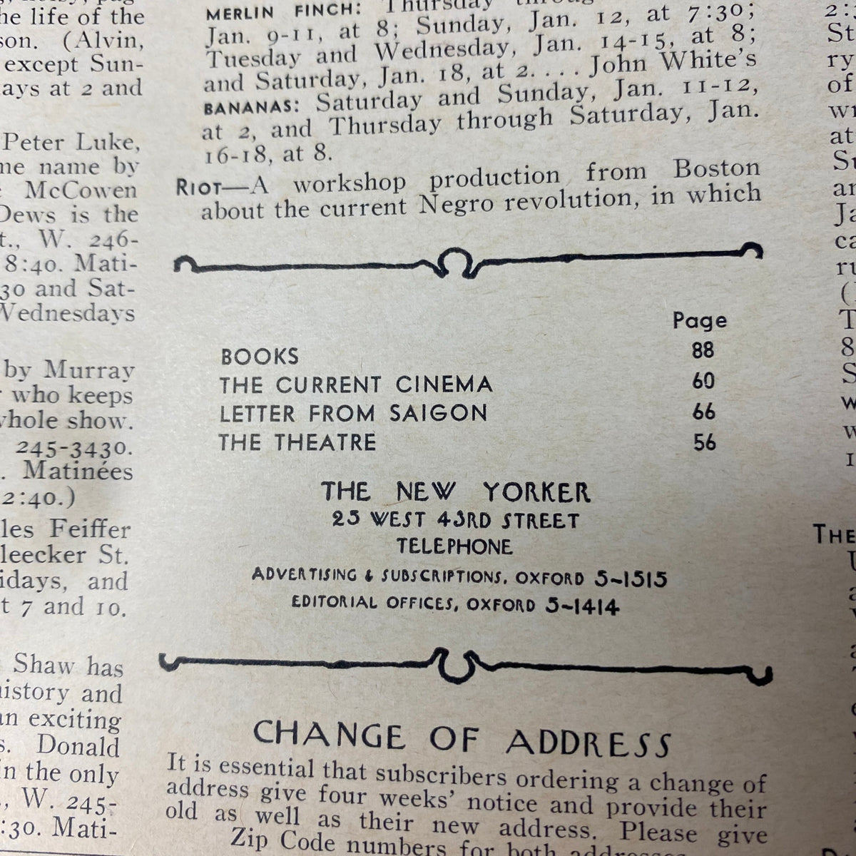Table of Contents from The New Yorker Full Magazine January 11, 1969, detailing articles including Books, The Current Cinema, Letter from Saigon, and The Theatre.