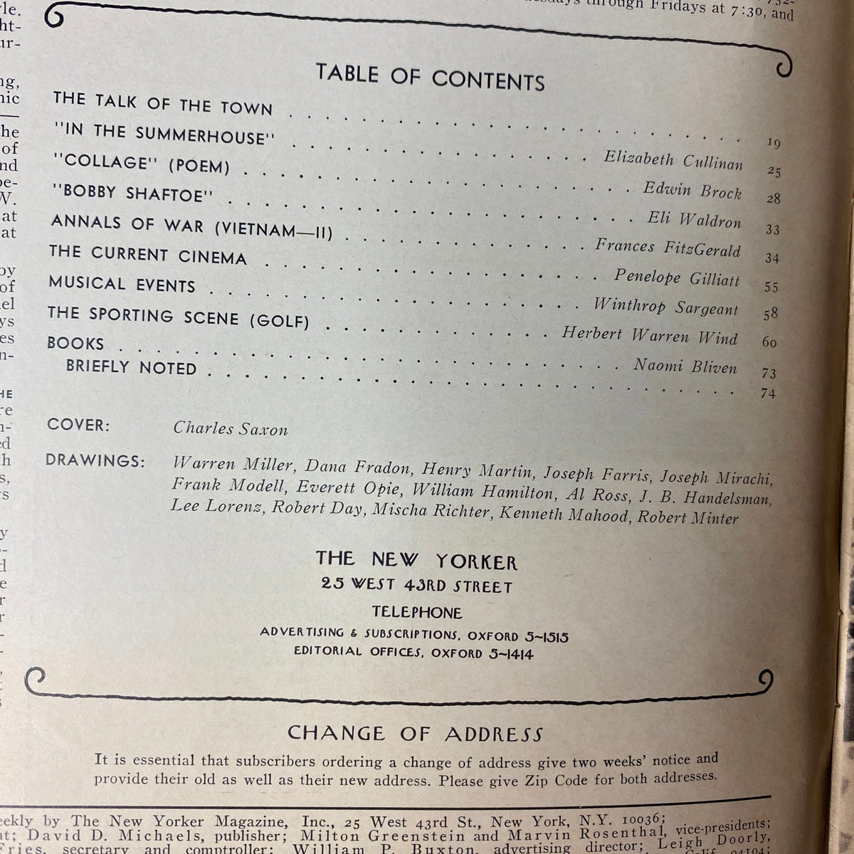 Table of Contents page from The New Yorker Full Magazine July 8, 1972, listing featured articles such as 'In the Summerhouse,' 'Vietnam-II,' and various drawings by notable artists.