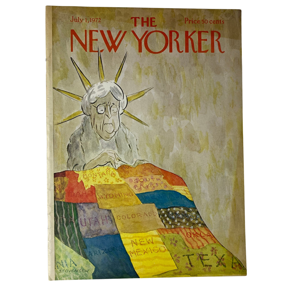 The New Yorker Full Magazine July 1, 1972 featuring a cover illustration by James Stevenson. The cover depicts a whimsical elderly figure with a serene expression, surrounded by a colorful map of various states. This vintage magazine is in very good condition, showcasing early 1970s American journalism and cultural commentary.